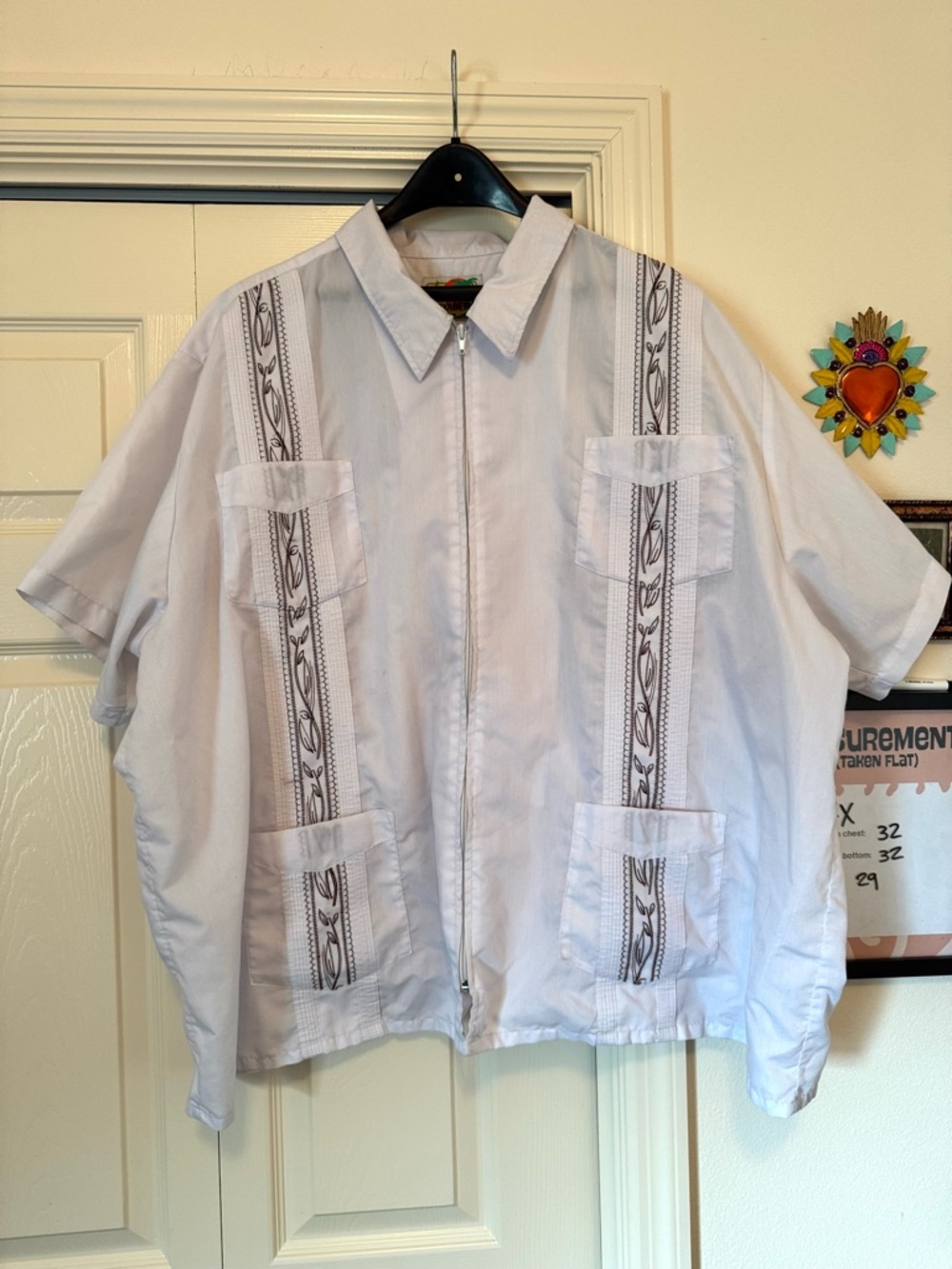 Guayabera Shirt Mens 4XL White Full-Zip Embroidered Cuban Haband 4 Pocket